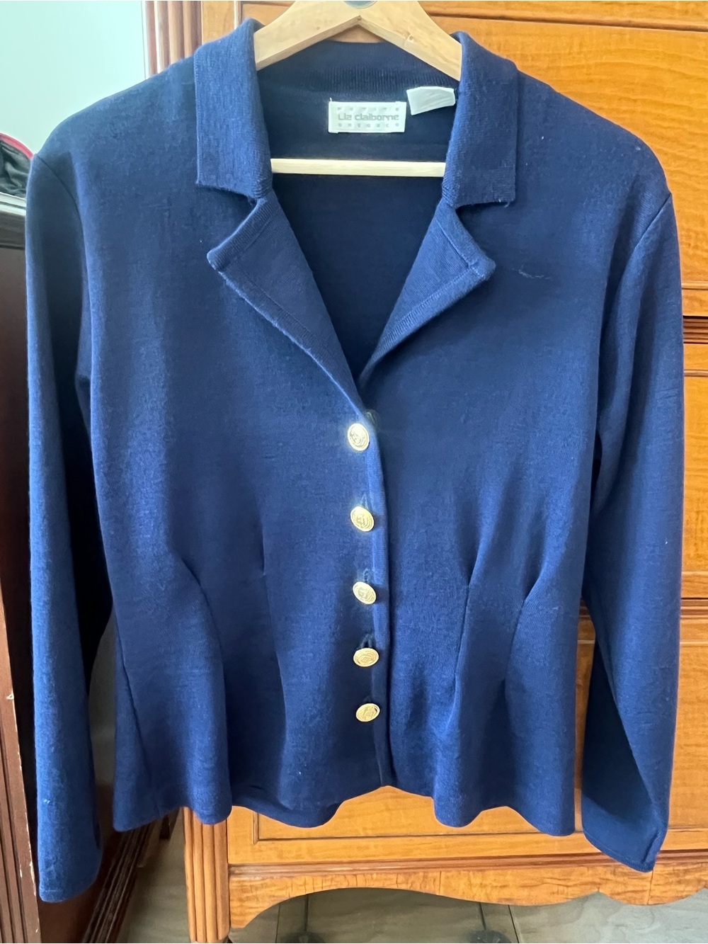 Liz Claiborne Navy PureWool Blazer Jacket Gold Trim Size 8P Preppy - Picture 8 of 8
